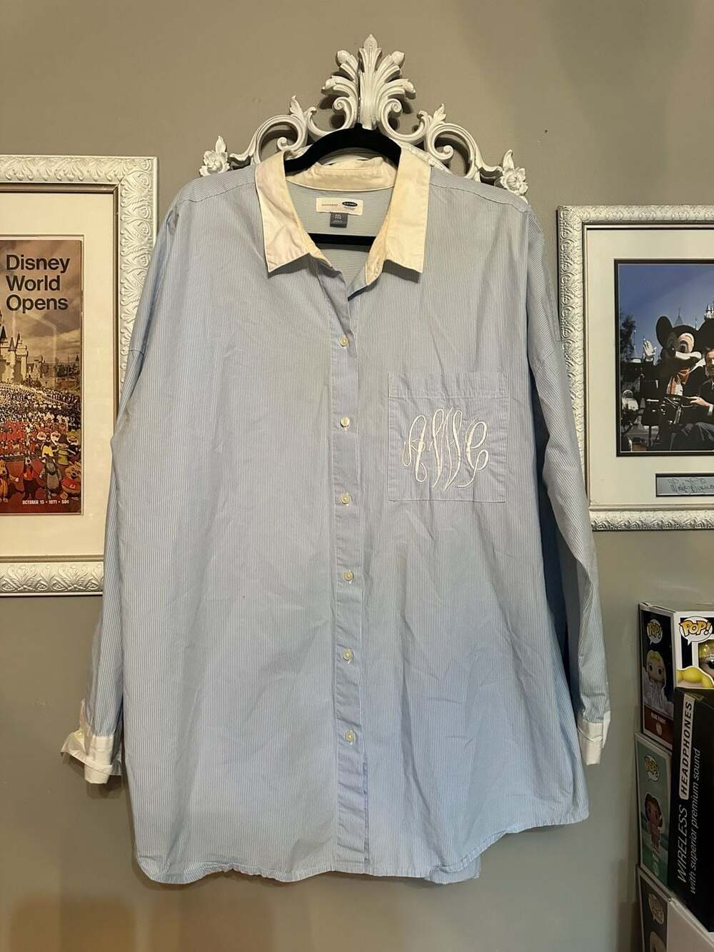 Old Navy Boyfriend Blue White Striped Monogrammed Button Down Shirt XXL